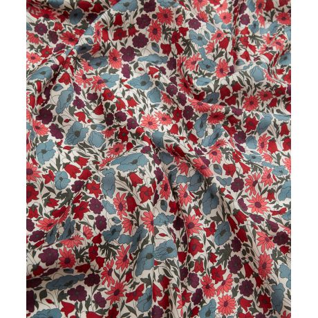 Liberty Fabrics - Tana Lawn - motif : Poppy daisy tons bleu, pourpre et rouge foncé (prix pour 10cm)