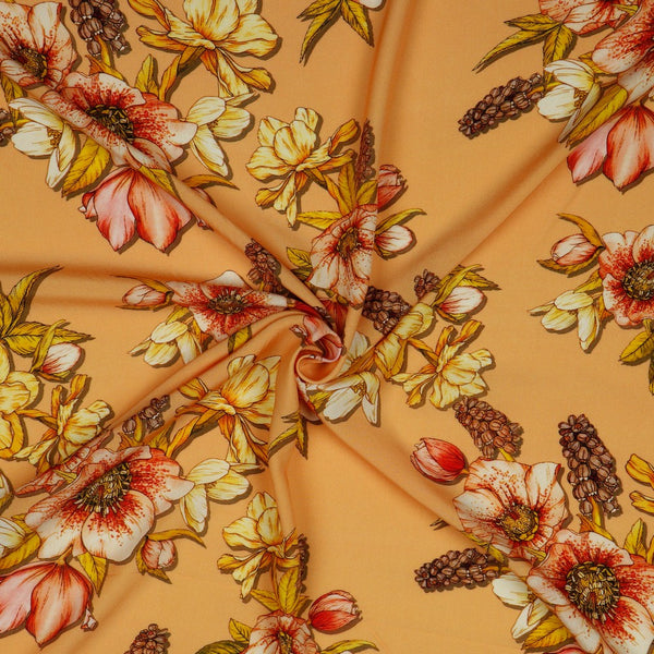 Coupon de 3m de viscose "Bouquet fleuri sur fond orange"