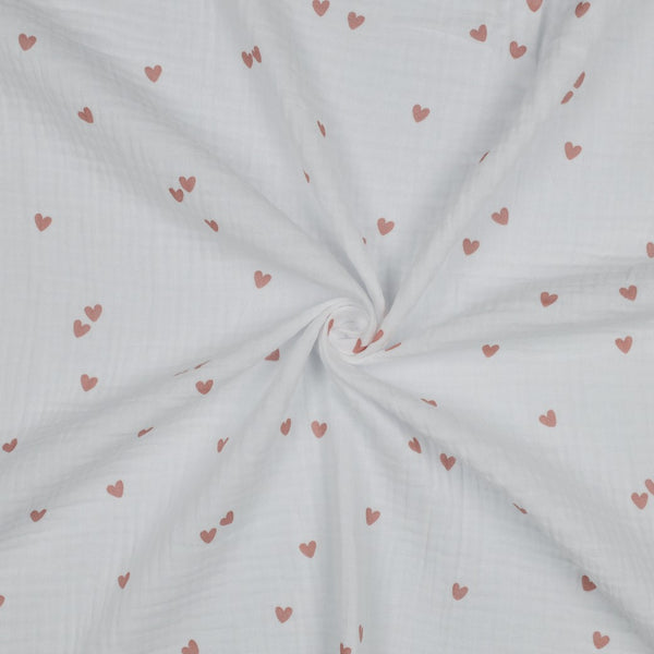Double gaze - petits coeurs rose sur fond blanc certifiée oeko-tex (prix pour 10cm)