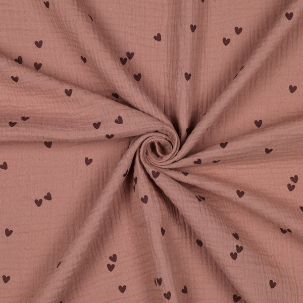 Double gaze - petits coeurs café sur fond moka certifiée oeko-tex (prix pour 10cm)
