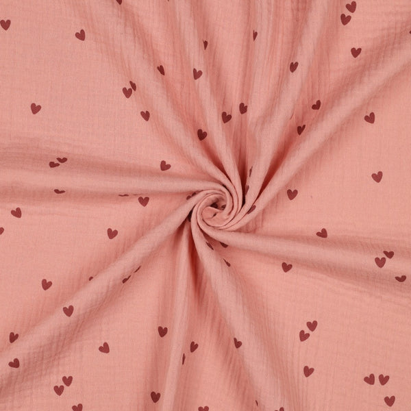 Double gaze - petits coeurs rouge foncé sur fond blush certifiée oeko-tex (prix pour 10cm)