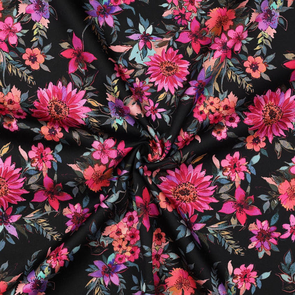 Satin de coton "Dahlia sur fond noir" (prix pour 10cm)