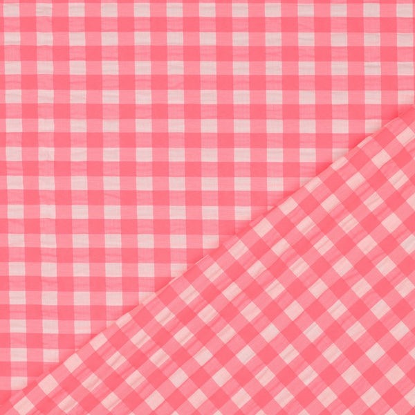 Seer sucker vichy rose fluo petits carreaux (prix au 10cm)