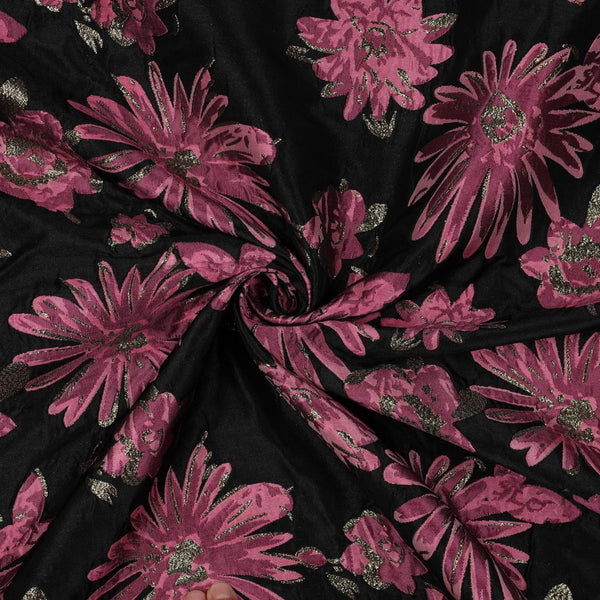Coupon de 1,28m de Superbe jacquard fleuri noir et rose