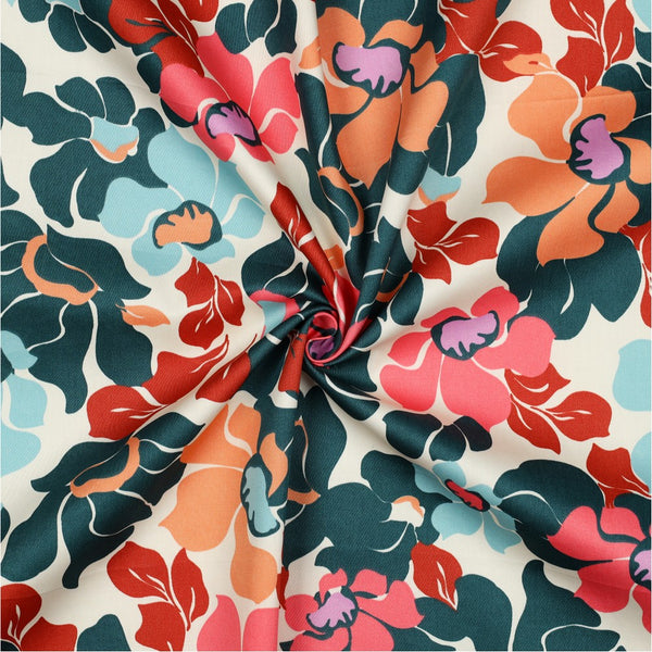 Satin de coton "Fleurs abstraites vert foncé et pêche" certifié oeko-tex (prix pour 10cm)