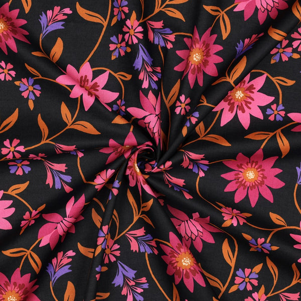 Voile de coton "Clématites sur fond noir" certifié oeko-tex  (prix pour 10cm)