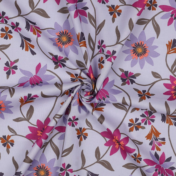 Voile de coton "Clématites sur fond lilas" certifié oeko-tex  (prix pour 10cm)