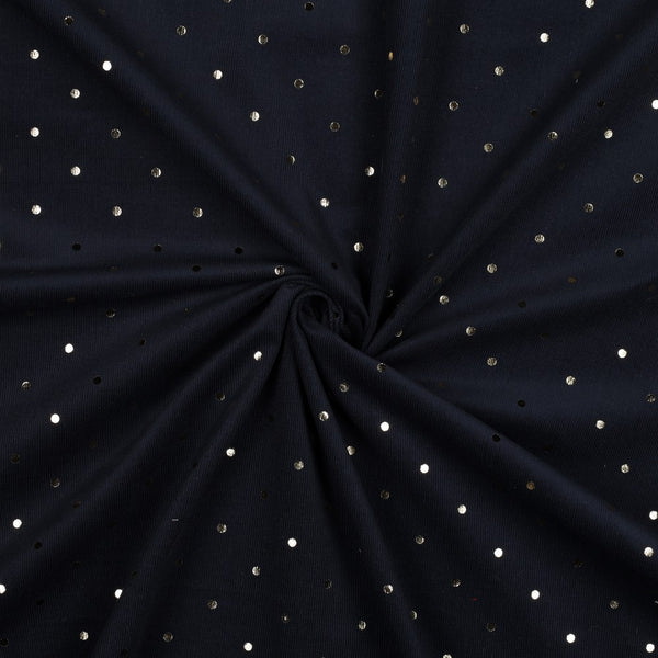 Velours milleraies lavé à pois doré (foil) bleu marine - 100% coton - Oeko-tex (Prix pour 10cm)