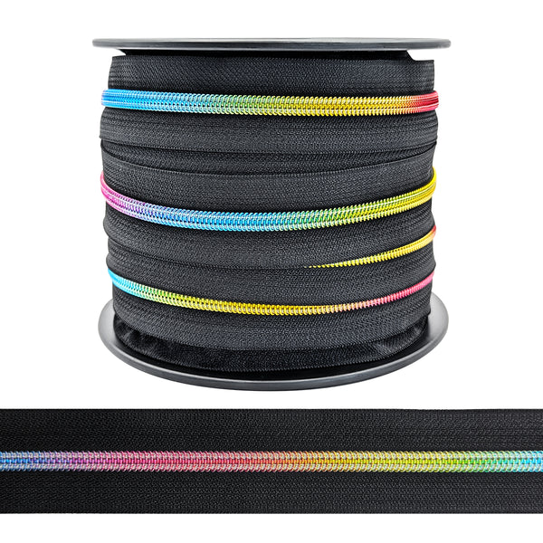 Fermeture éclair / tirette / zip au mètre taille 5mm - ruban noir/mailles arc en ciel (prix pour un mètre avec 1 curseur)