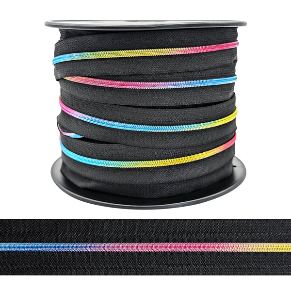 Fermeture éclair / tirette / zip au mètre taille 3mm - ruban noir/ mailles arc en ciel (prix pour un mètre avec 1 curseur)