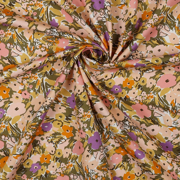Popeline "festival de fleurs - lilas/orange/mousse" crée par Nerida Hansen (prix pour 10cm)