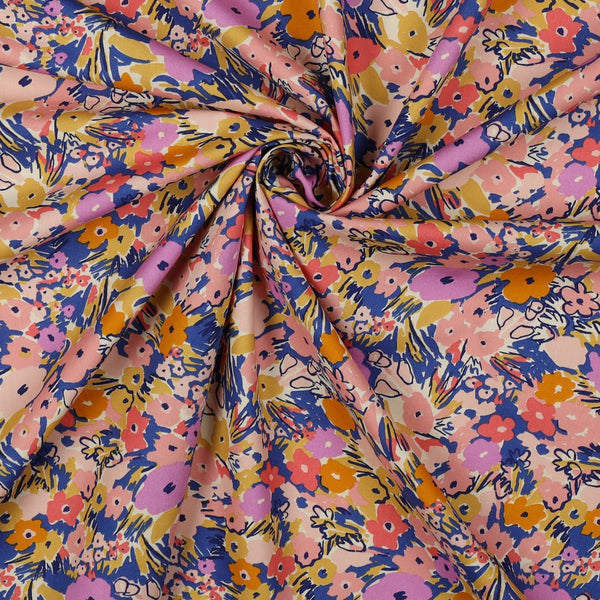 Popeline "festival de fleurs - bleu vif, lilas, orange" crée par Nerida Hansen (prix pour 10cm)