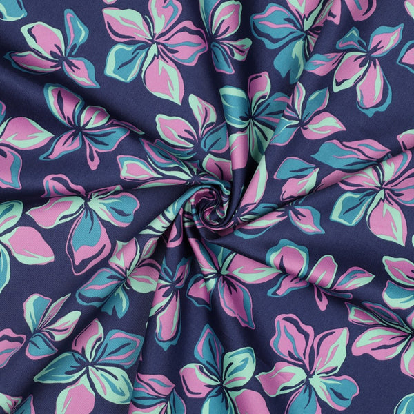 Satin de coton "flowers fond bleu marine"(prix pour 10cm)