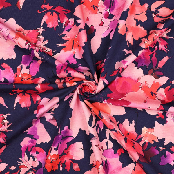 Jersey "fleurs roses sur fond bleu marine" certifié oeko-tex (prix pour 10cm)