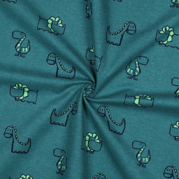 Flanelle 100% coton certifié oeko-tex - Les dinosaures sur fond pétrole (prix pour 10cm)