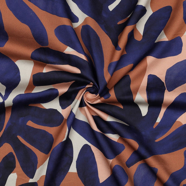 Satin de coton "feuillages - bleu/brun"(prix pour 10cm)