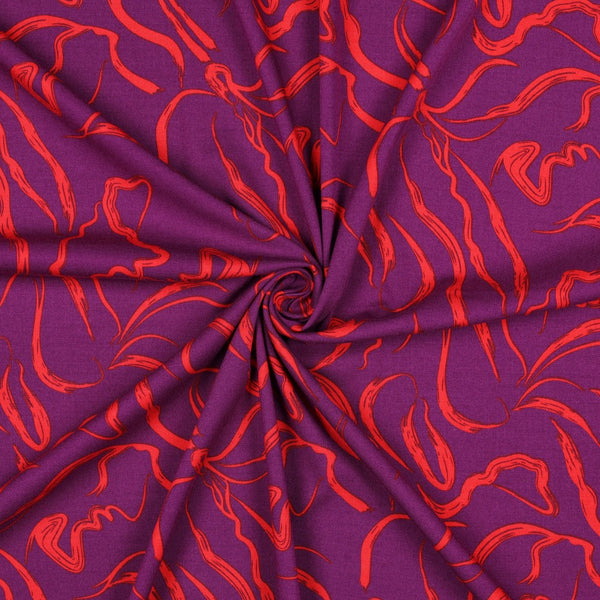 Viscose stretch "Art Abstrait pourpre/flame" (Prix pour 10cm)