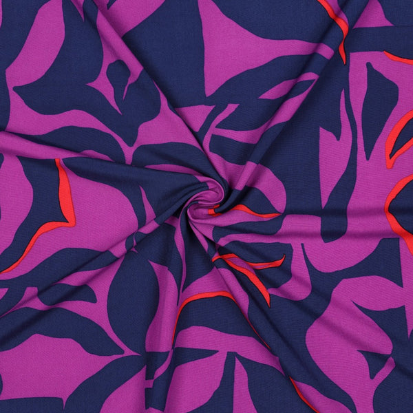 Popeline de viscose " Feuillages abstrait bleu marine et purple" - certifié  Eco-Vero (Prix pour 10cm)