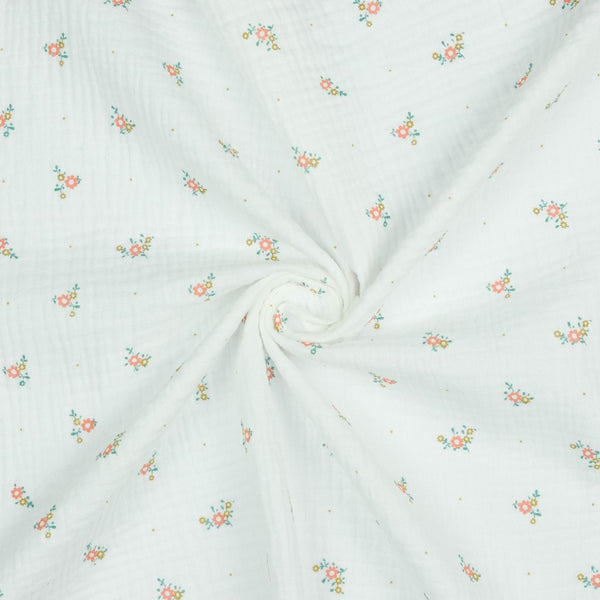 Coupon de 3m de double gaze brodée  100% coton " petites fleurs" certifié oeko-tex )