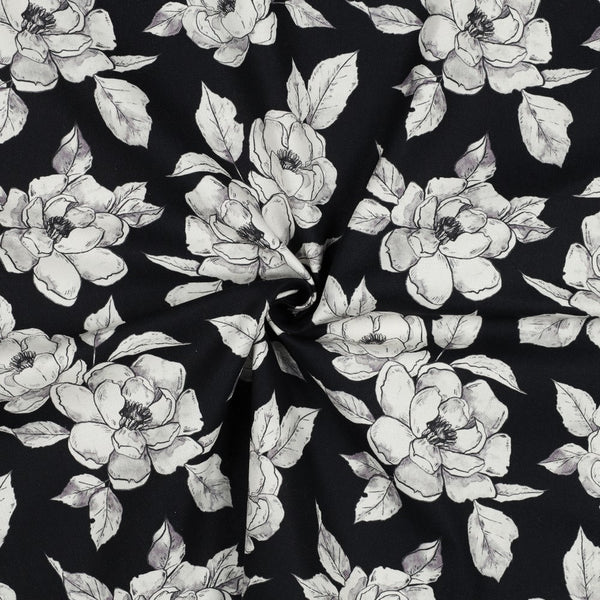 Canvas grandes fleurs claires sur fond noir certifié oeko-tex - 100% coton (prix pour 10cm)