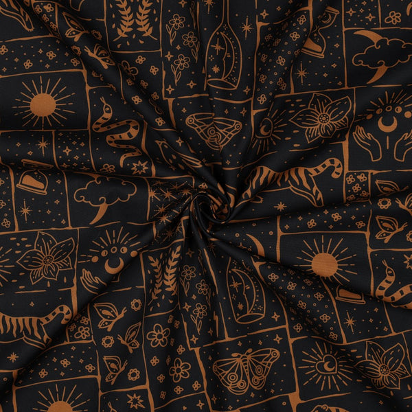 Popeline 100% coton "Les arcanes - noir et ocre" certifiée oeko-tex (prix pour 10cm)
