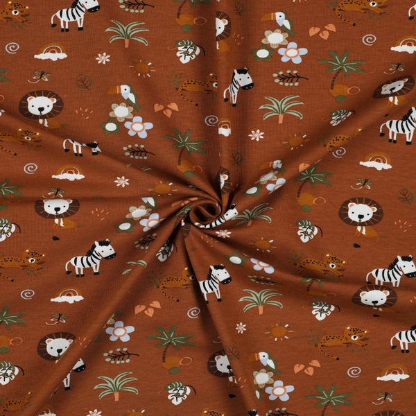 Jersey "Safari sur fond moka" certifiée oeko-tex (prix pour 10cm)