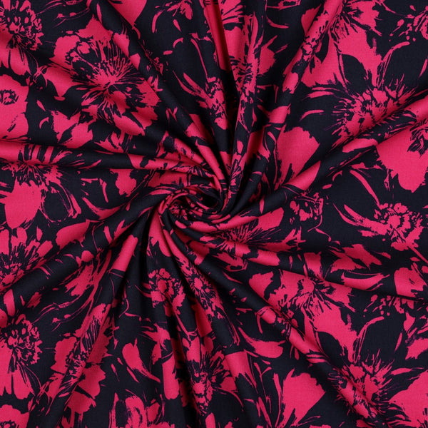 Viscose stretch big flowers fuchsia sur fond bleu marine (Prix pour 10cm)