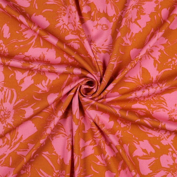 Viscose stretch big flowers rose sur fond moutarde/ocre (Prix pour 10cm)