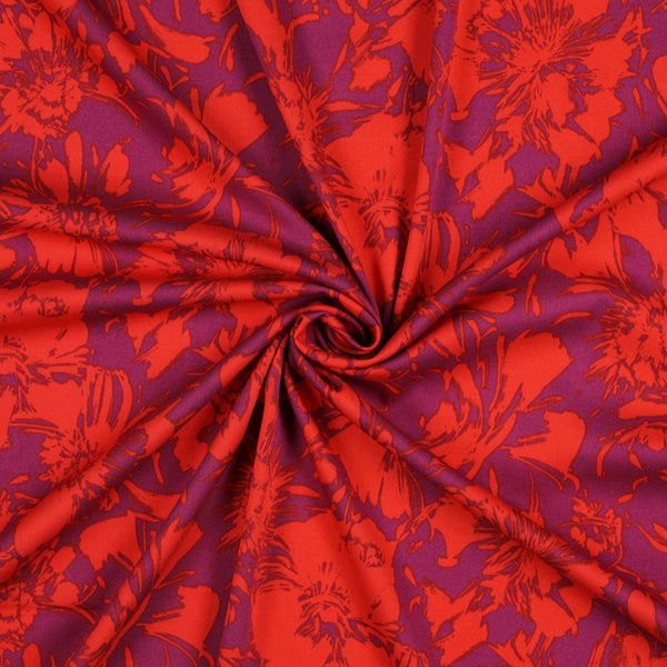 Viscose stretch big flowers orange sur fond mauve (Prix pour 10cm)