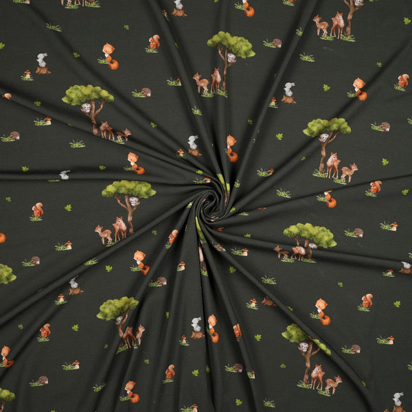 Jersey "Animaux de la forêt" sur fond vert - certifiée Oeko-tex (prix pour 10cm)