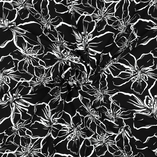 Popeline de viscose " Fleurs noir et blanc" - certifié  Eco-Vero (Prix pour 10cm)