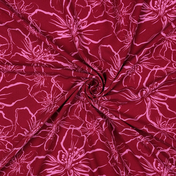 Popeline de viscose " Fleurs bordeaux et fuchsia" - certifié  Eco-Vero (Prix pour 10cm)