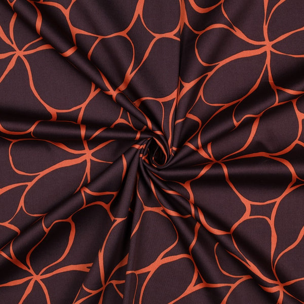 Satin de coton "Fleurs graphiques chocolat/orangé" oeko-tex (prix pour 10cm)