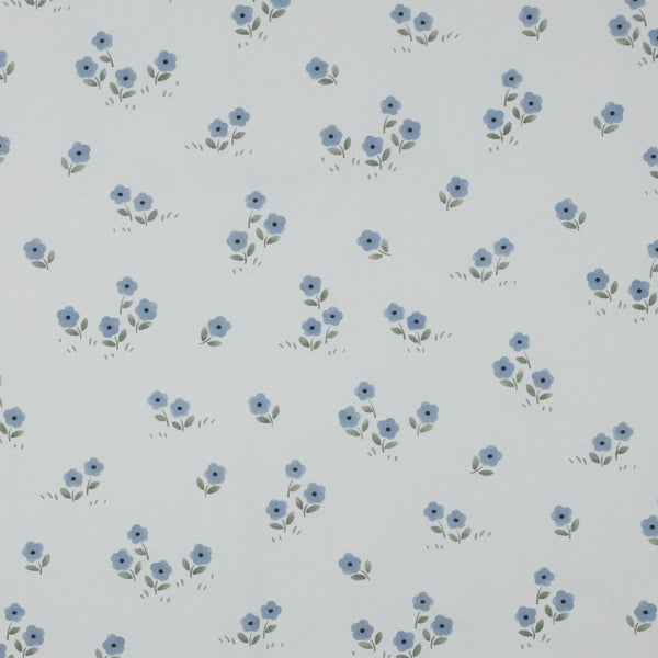 Popeline "Fleurs bleu naïves" sur fond blanc - Oeko-tex (prix pour 10cm)