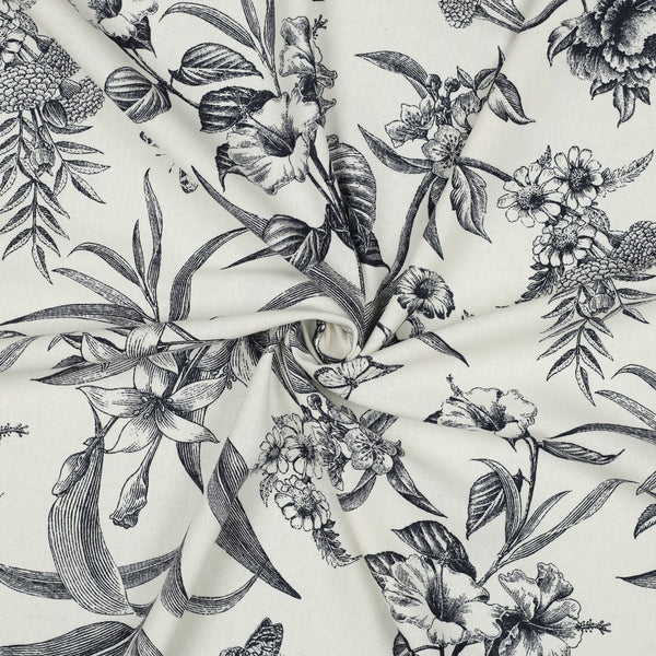 Lin - viscose "Ode fleurie" bleu marine et blanc  (prix pour 10cm)