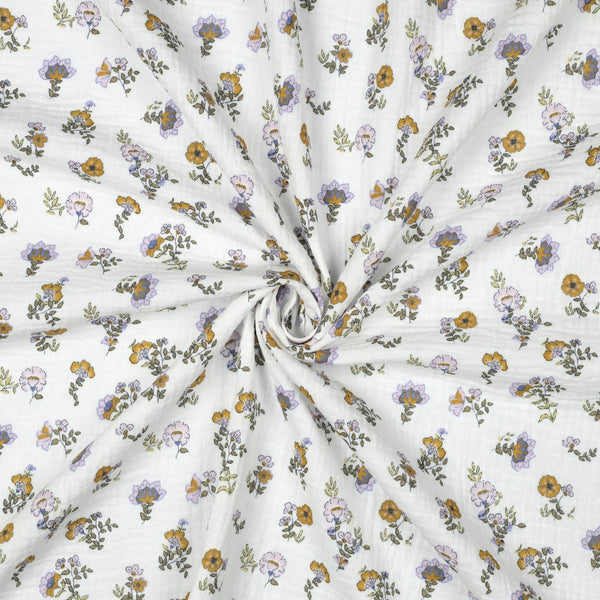 Double gaze - fleurettes parme/ocre certifiée GOTS (prix pour 10cm)