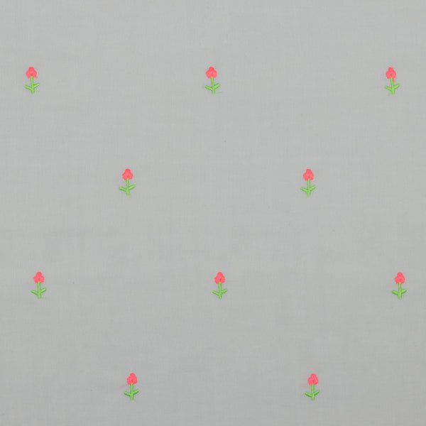 Coupon de 3m de popeline 100% coton "fleurs brodées fluo sur fond gris perle" certifié oeko-tex