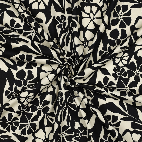 Popeline coton/viscose "Vitrail fleuri" noir - Oeko-tex standard 100 (prix pour 10cm)