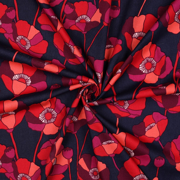 Popeline coton/viscose Poppy fond bleu marine - Oeko-tex standard 100 (prix pour 10cm)