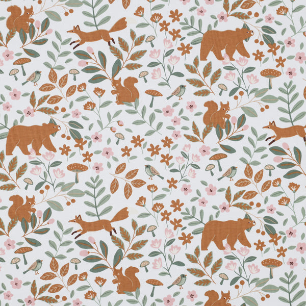 Coupon de 3m de jersey "woodland" sur fond blanc - certifiée Oeko-tex