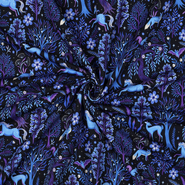 French terry "Dans la forêt de Brocéliande bleu" certifié oeko-tex  (prix pour 10cm)
