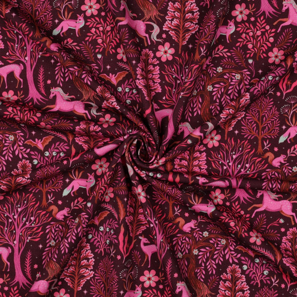 French terry "Dans la forêt de Brocéliande rose/bordeaux" certifié oeko-tex (prix pour 10cm)