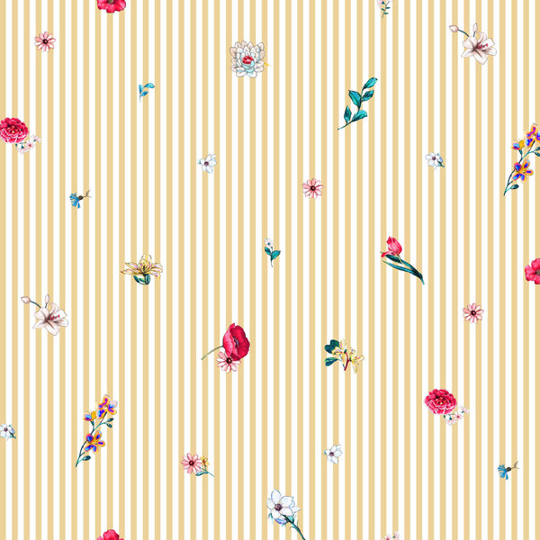 Popeline lignée blanche et jaune avec fleurs 100% coton certifiée oeko-tex (prix pour 10cm)