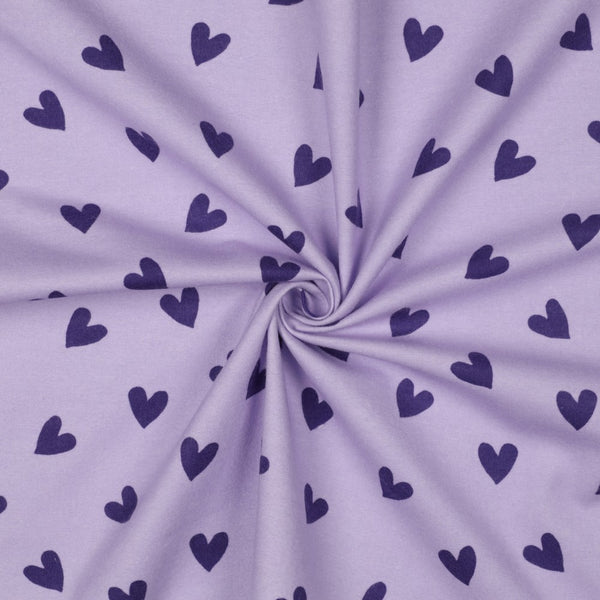 Flanelle 100% coton certifié oeko-tex - Coeurs mauves sur fond lavande (prix pour 10cm)