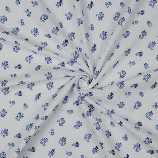 Double gaze - fleurettes bleues certifiée oeko-tex (prix pour 10cm)