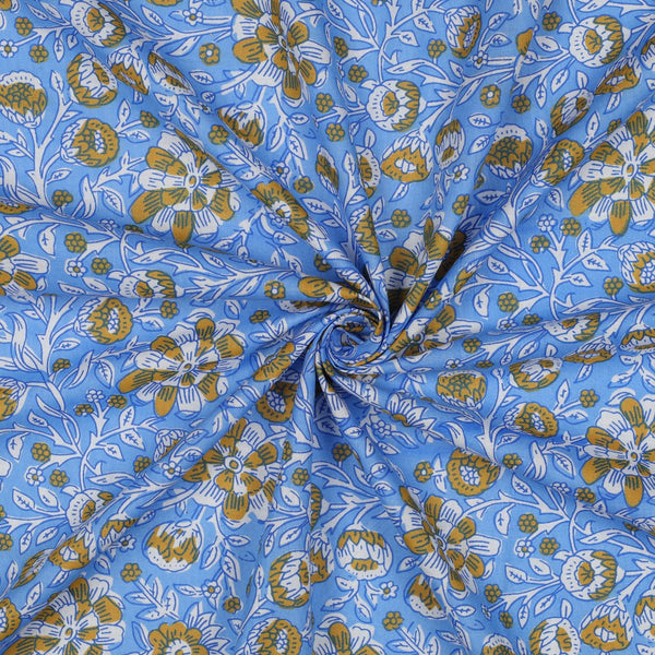 Tissu popeline 100% coton - Block-printed - Fleurs bleues (prix pour 10cm)
