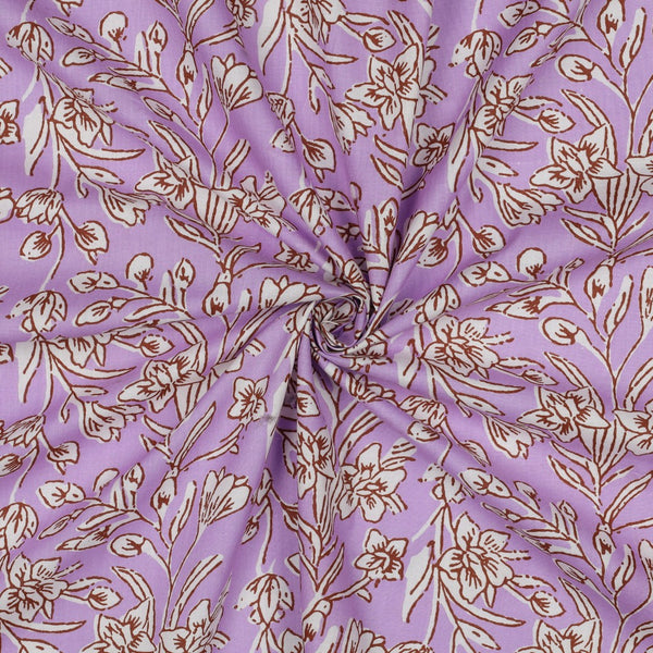 Tissu popeline 100% coton - Block-printed - Fleurs lilas (prix pour 10cm)