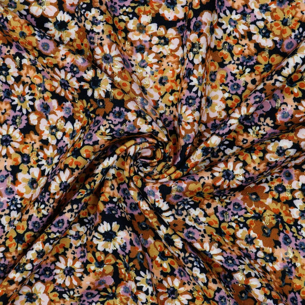 Coupon de 3m de viscose Flowers avec lurex tons mauve/orangé  (Prix pour le coupon)