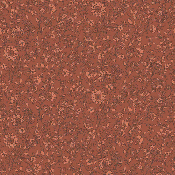 Coupon de 3m de jersey 100% coton " arabesque fleurie fond rouille" certifié oeko-tex