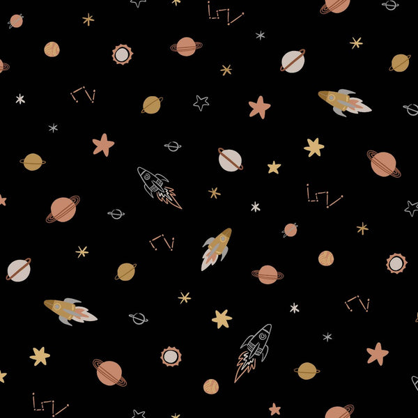 Coupon de 3m de jersey 100% coton " Dans l'espace fond noir" certifié oeko-tex